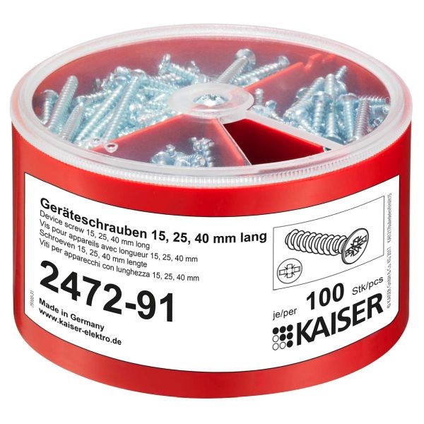 Kaiser Geräteschraubenbox Inhalt je 100 Schrauben 15mm, 25mm und 40mmlang 3,2mm Durchmesser 2472-91