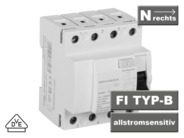 Allstromsensitiver FI (VDE), TYP B, 40A, 30mA, 4pol , 10kA.